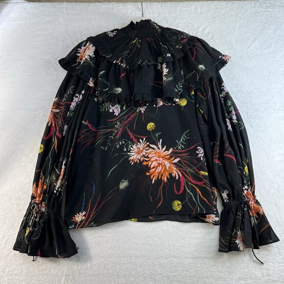 H&M Medium M Frill Ruffle Trimmed Chiffon Blouse Black Floral Smocked High Neck - Picture 5 of 16
